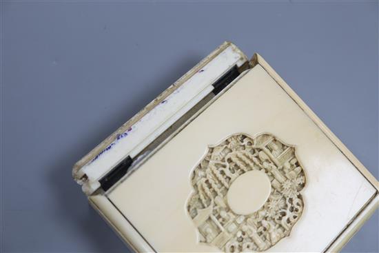 A Chinese carved ivory box with mother of pearl gaming counters